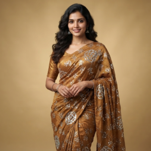 Mustard Yellow shimmer tissue featuring silver leafy thread embroidery and high-quality sequin work.