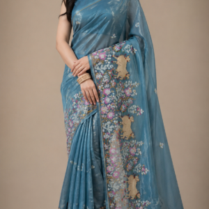 Blue Deer Floral Embroidered Sequin Soft Net Fabric