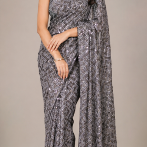 Silver Grey Geometric Sequin Embroidered Silk Fabric