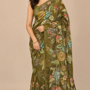 Olive Green Floral Embroidered Silk Fabric