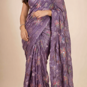 Charcoal Grey Multicolor Floral Embroidered Soft Net Fabric