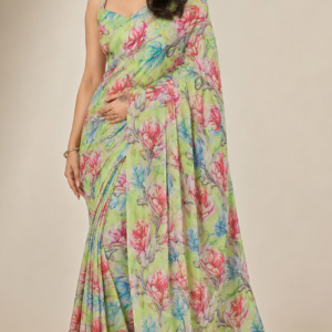 Lime Green Digital Floral Printed Organza Fabric