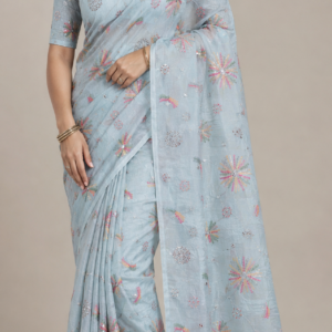 Silver Multicolor Floral Embroidered Soft Net Fabric
