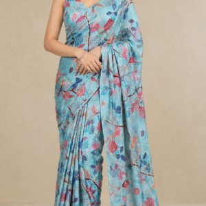 Aqua Blue Multicolor Floral Embroidered Soft Net Fabric