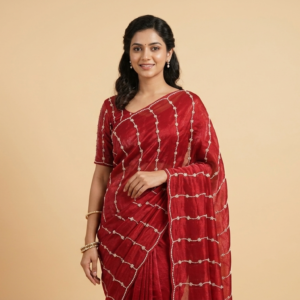 Wine Red Stone Embroidered Soft Net Fabric