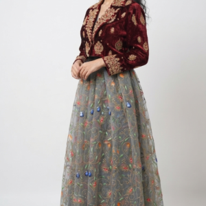 Grey Floral Embroidered Designer Stitched Gown