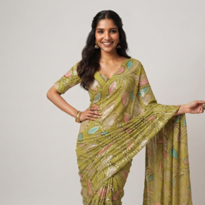 Lime Green Leaf Embroidered Silk Fabric