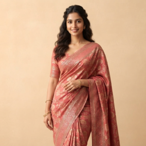 Peach Viscose Silk Embroidered Fabric
