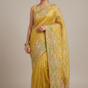 Mustard Yellow Forest Scene Embroidered Soft Net Fabric