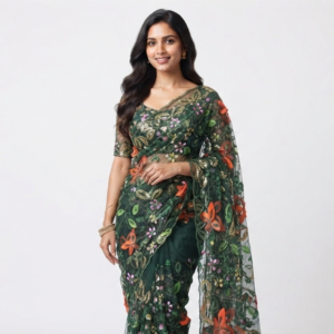 Dark Teal Floral Embroidered Soft Net Fabric