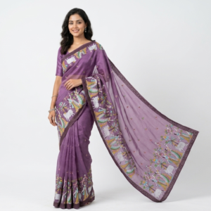 Purple Village Scene Embroidered Soft Net Fabric