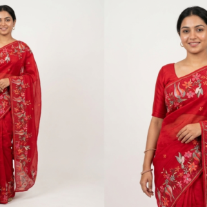 Red Bird & Floral Embroidered Soft Net Fabric