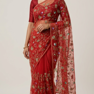 Red Floral Vine Embroidered Soft Net Fabric