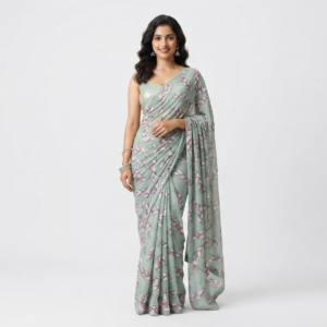 Mint Green Geometric Leaf Sequin Embroidered Silk Fabric