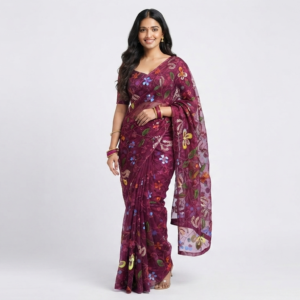 Wine Multicolor Floral Embroidered Soft Net Fabric