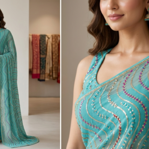 Turquoise Blue Wave Sequin Embroidered Soft Net Fabric