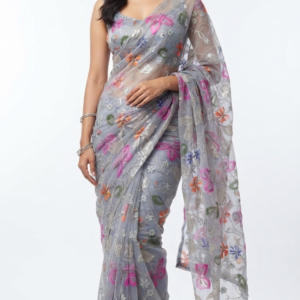 Silver Grey Floral Embroidered Soft Net Fabric