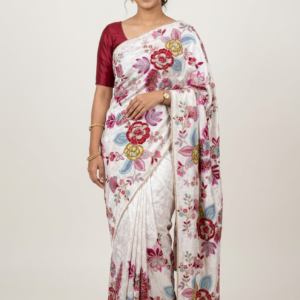 White Multicolor Floral Embroidered Soft Net Fabric
