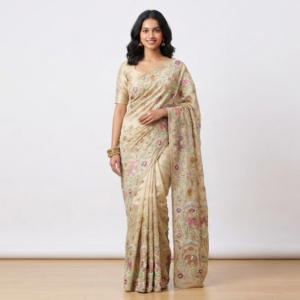 Cream Floral Embroidered Silk Fabric with Sequins & Bead Work