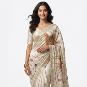 Off White Royal Horse Embroidered Silk Fabric