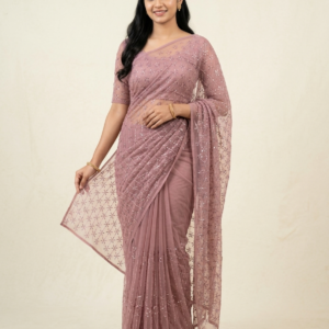 Dusty Pink Floral Sequin Embroidered Soft Net Fabric