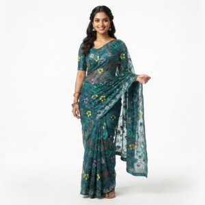 Teal Green Floral Embroidered Soft Net Fabric