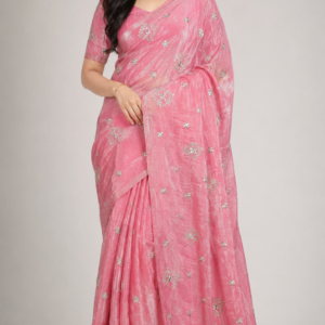 Pink Embroidered Soft Net Fabric